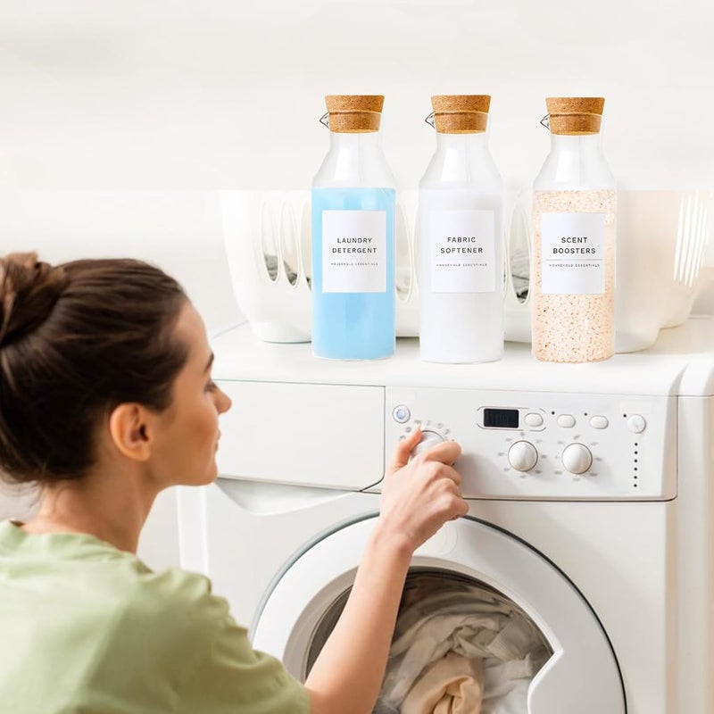 KOSKIMER Glass Laundry Detergent Dispenser Set with Cork Lids, Fabric Softener Dispenser, Easy Pour 3 Pack Laundry Bottles, Liquid Detergent Containers, Scent Booster & Bleach Container for Laundry Room - Image 3